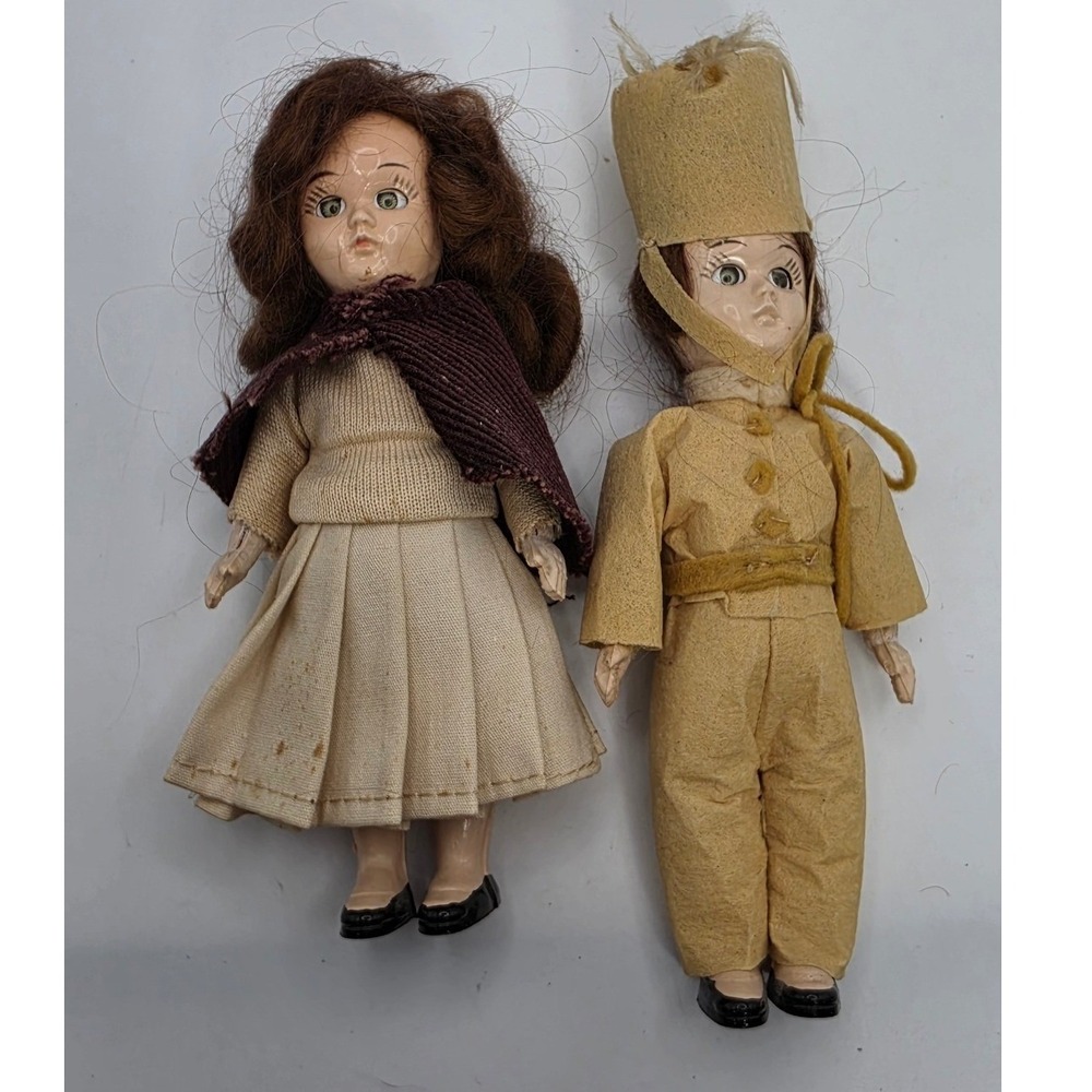 2 Vintage Hard Plastic Miniature Dolls Pair Girl Pleated Skirt Boy Uniform 6"